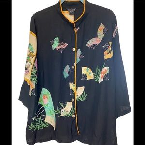 Vintage Citron Santa Monica Sz 1X blouse 100% silk black colourful fans design